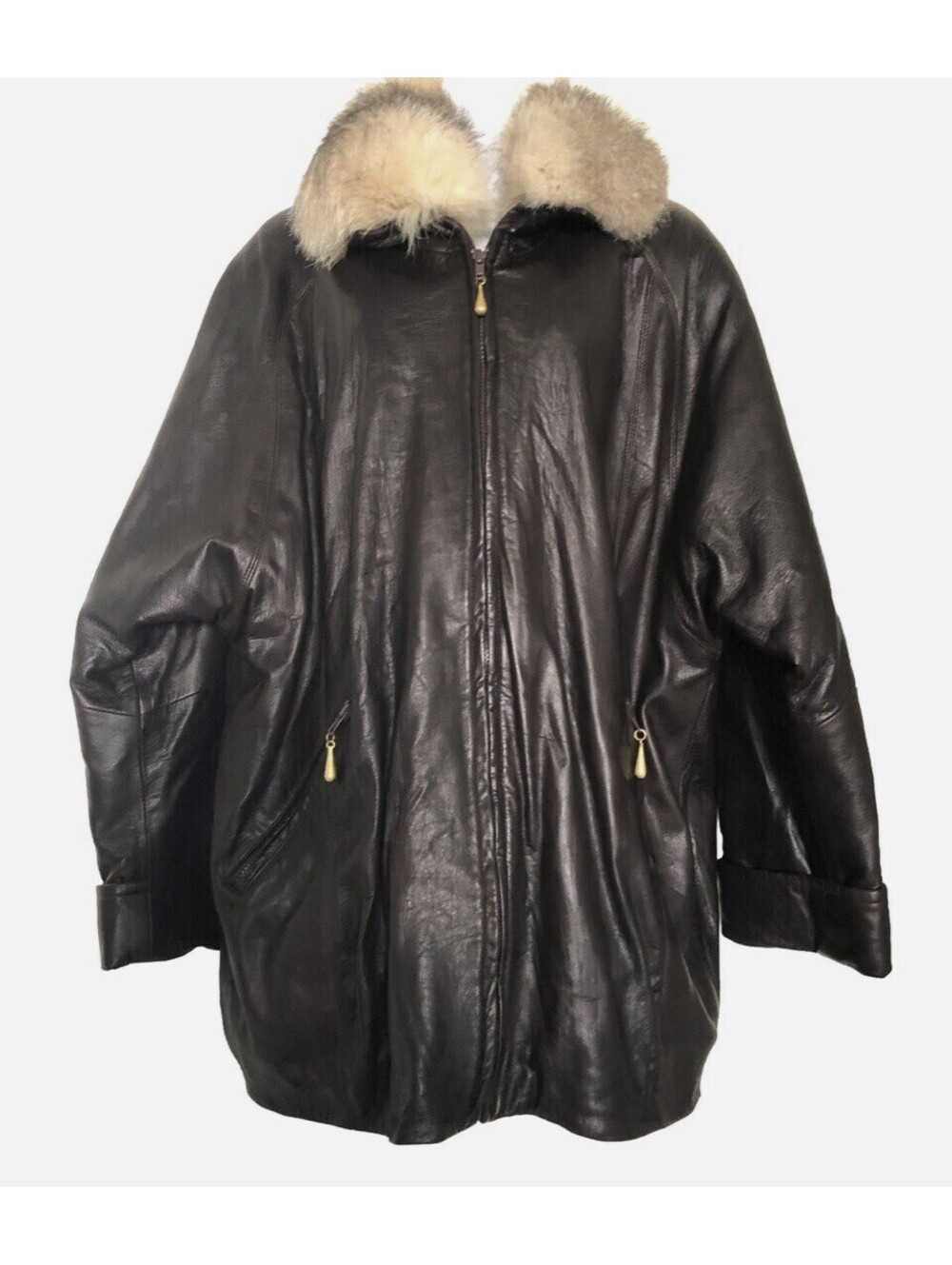Vtg Evan Arpelli Dark Brown Leather  Women’s Coat with Coyote Fur Collar XL/XXL